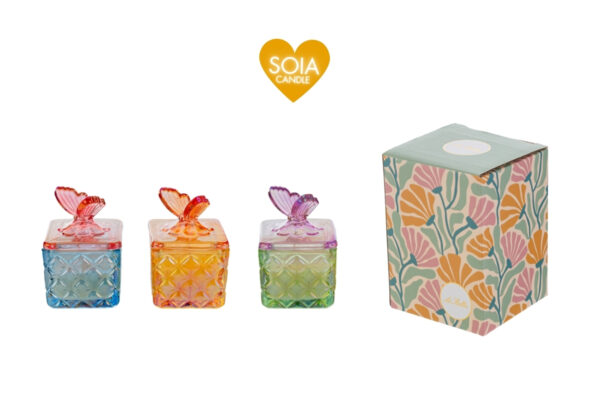 Candela in soia in scatola di vetro colorato con decorazione a farfalla, disponibile in 3 colori assortiti (6xh.9 cm).