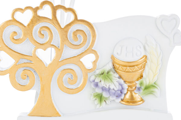 Profumatore in resina con calice dorato, uva e spighe; decorazione per Comunione, 13x4xh.8cm con astuccio.