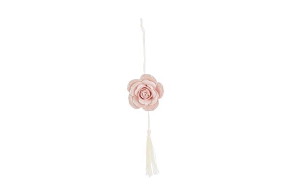 Appendino calamita rosa in porcellana a forma di fiore, con nappina decorativa pendente, dimensioni 7 cm.