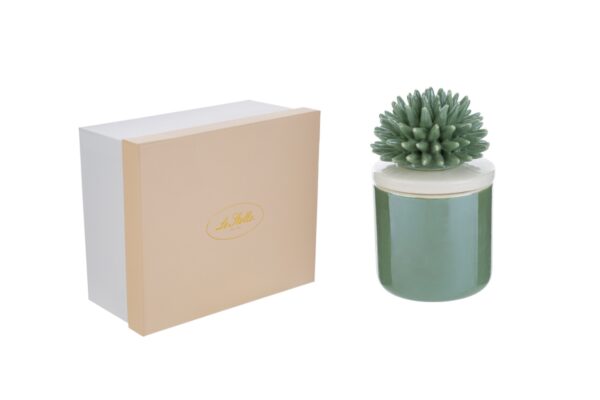 Candela in porcellana verde con decorazione corallo, dimensioni 7,5x7,5xh.11,5 cm, accanto a un astuccio elegante beige.