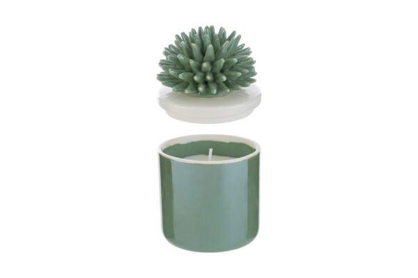 Candela in scatola di porcellana verde con decorazione corallo sul coperchio, dimensioni 7,5×7,5xh.11,5 cm.