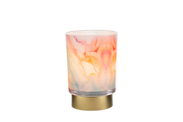 Lampada in vetro con motivo acquerello multicolore, base dorata, dimensioni d.9xh.12,5cm, inclusa shopper abbinata.