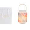 Lanterna in vetro effetto acquerello, dimensioni d.12xh.17cm, con shopper bianco incluso sullo sfondo.