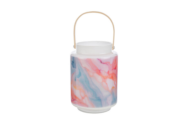 Lanterna in vetro con decorazioni watercolor multicolore, dimensioni d.12xh.17cm, dotata di manico e shopper inclusa.
