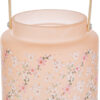 Lanterna in vetro color pesca con decorazioni floreali di magnolia, manico dorato; dimensioni d.12xh.17cm.