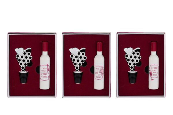 Set 2 pezzi accessori vino con astuccio rosso, composto da un tappo decorato e un cavatappi a forma di bottiglia.