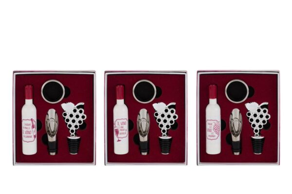Set di 4 accessori per vino con astuccio rosso, inclusi tappi decorati e anelli salvagoccia. 3 varianti assortite visibili.