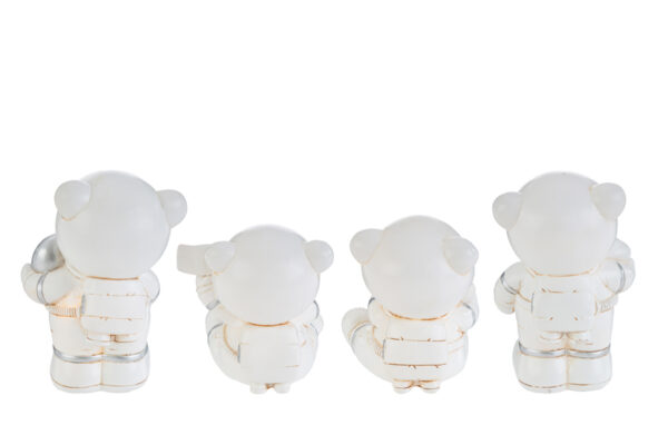 Quattro astronauti in resina bianca con dettagli LED, altezza massima 12,5 cm, mostrati di spalle.