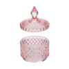 Scatola in vetro rosa decorata con motivo a rombi, coperchio rimovibile con manico a punta, diametro 8,5 cm, altezza 11 cm.