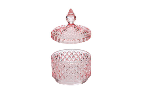 Scatola in vetro rosa decorata con motivo a rombi, coperchio rimovibile con manico a punta, diametro 8,5 cm, altezza 11 cm.