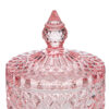 Scatola in vetro rosa con motivo decorativo, coperchio elegante e design raffinato, diametro 8,5 cm x altezza 11 cm.
