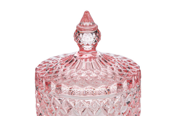 Scatola in vetro rosa con motivo decorativo, coperchio elegante e design raffinato, diametro 8,5 cm x altezza 11 cm.