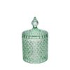Scatola in vetro verde Dorothy con motivo inciso, diametro 8,5 cm, altezza 13,5 cm, coperchio decorativo a punta.