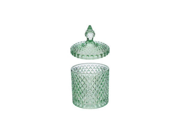 Scatola in vetro verde con coperchio decorativo sollevato, design elegante a motivo intrecciato, diam. 8,5xh.13,5 cm.
