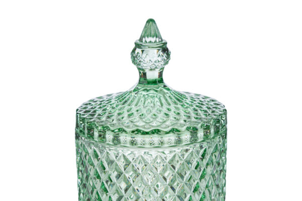Scatola in vetro verde Dorothy, decorazione con motivo a rombi, diametro 8,5 cm x altezza 13,5 cm, con coperchio ornamentale.