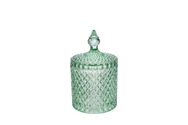 Scatola in vetro verde Dorothy con motivo inciso, diametro 8,5 cm, altezza 13,5 cm, coperchio decorativo a punta.