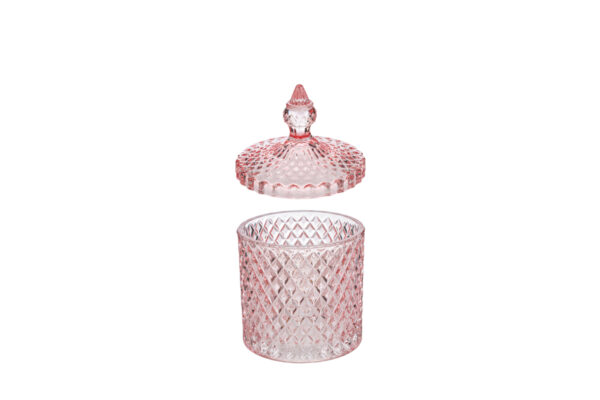 Scatola in vetro rosa modello Dorothy, diametro 8,5 cm, altezza 13,5 cm con coperchio decorato dallo stile elegante.