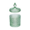 Scatola in vetro verde Dorothy, diametro 10,5 cm, altezza 17,5 cm, con coperchio decorato e design a intaglio geometrico.