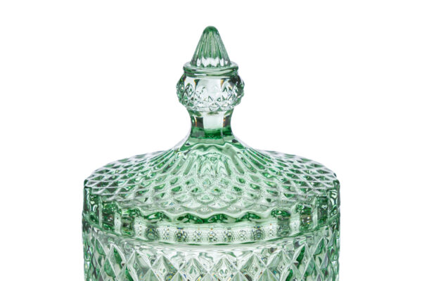 Scatola in vetro verde Dorothy, design elegante con motivo a rombi, diametro 10,5 cm, altezza 17,5 cm.