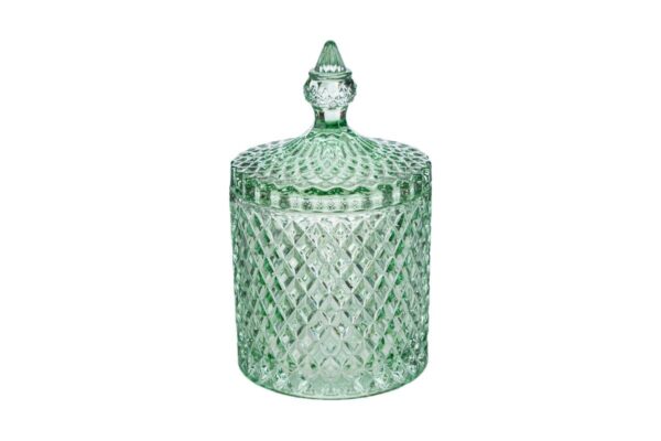 Scatola in vetro Dorothy color verde con coperchio decorativo, diametro 10,5 cm e altezza 17,5 cm, design elegante.