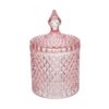 Scatola in vetro rosa decorata con motivo a rombi, coperchio con manico elegante. Dimensioni: diametro 10,5 cm, altezza 17,5 cm.