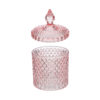 Scatola in vetro rosa con coperchio decorativo, diametro 10,5 cm e altezza 17,5 cm, design elegante e lavorazione a rilievo.