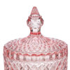 Scatola in vetro rosa decorata con motivi geometrici e coperchio sagomato, diametro 10,5 cm, altezza 17,5 cm.
