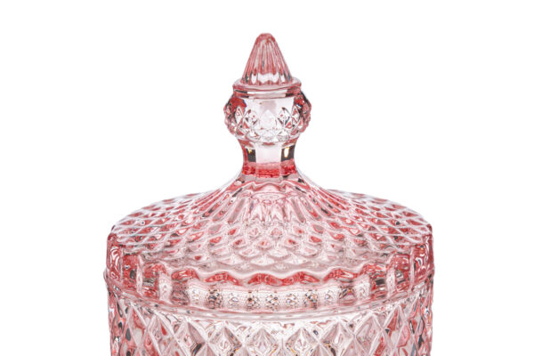 Scatola in vetro rosa decorata con motivi geometrici e coperchio sagomato, diametro 10,5 cm, altezza 17,5 cm.