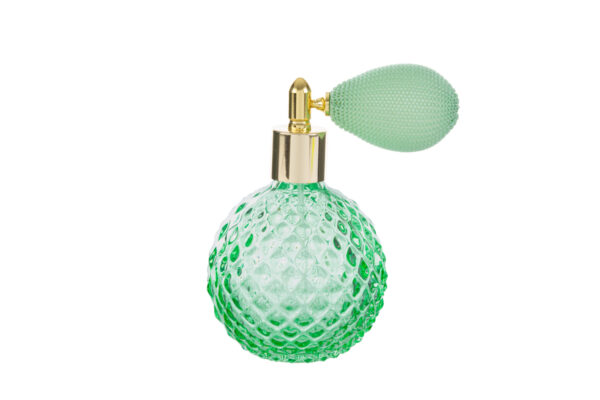 Portaprofumo spray ricaricabile verde da 100 ml, design elegante con pompetta dorata e astuccio inclusi.