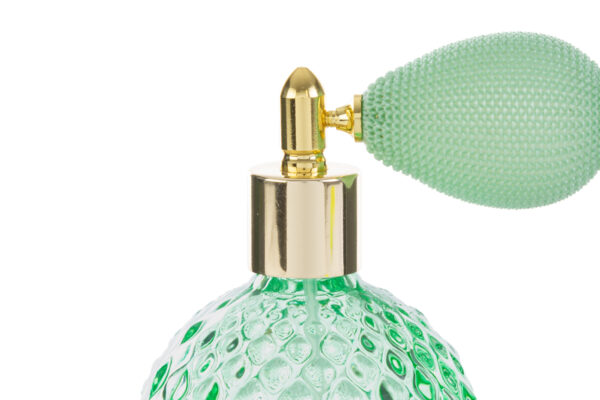 Portaprofumo spray ricaricabile verde 100ml con dettagli dorati, texture a bolle e pompetta verde; include astuccio.