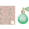 Portaprofumo spray ricaricabile verde 100ml con pompetta dorata, design a rilievo, e astuccio decorato floreale rosa.