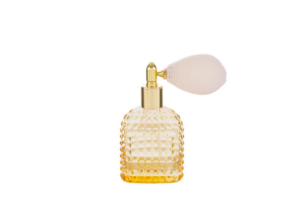 Flacone portaprofumo spray ricaricabile in vetro ambrato 30ml con pompetta vintage e astuccio, dimensioni 5x3x9cm.