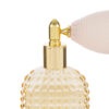 Portaprofumo spray ricaricabile 30ml, design ambra con spruzzatore dorato e pompetta bianca, dimensioni 5x3x9cm con astuccio.