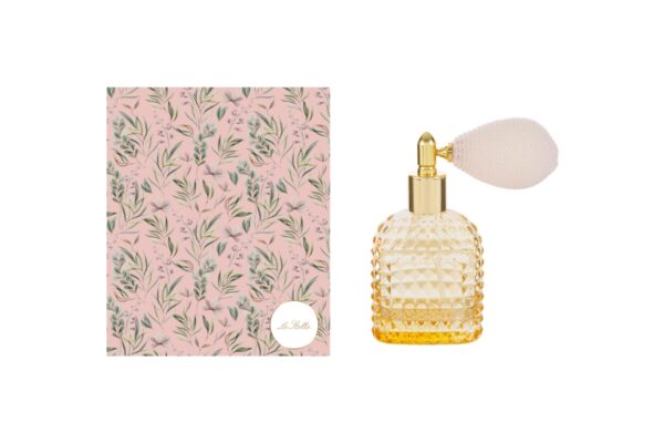 Portaprofumo spray ricaricabile 30ml in vetro ambra con astuccio decorato floreale, dimensioni 5x3x9 cm.
