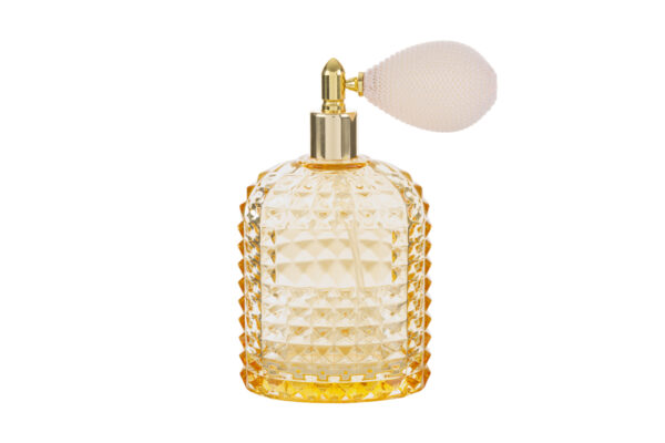 Portaprofumo spray ricaricabile 100 ml in vetro ambra con dettagli dorati, dimensioni 6,5x4x12 cm, dotato di astuccio.