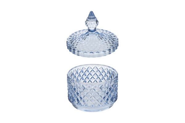 Scatola in vetro Dorothy color blu, diametro 8,5 cm e altezza 11 cm, con coperchio decorato e design elegante.