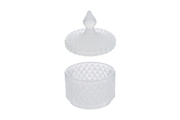 Scatola in vetro bianco con coperchio decorativo, modello Dorothy, diametro 8,5 cm e altezza 11 cm.