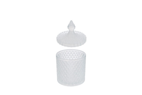 Scatola in vetro bianco con coperchio decorativo, modello Dorothy, diametro 8,5 cm x altezza 13,5 cm.
