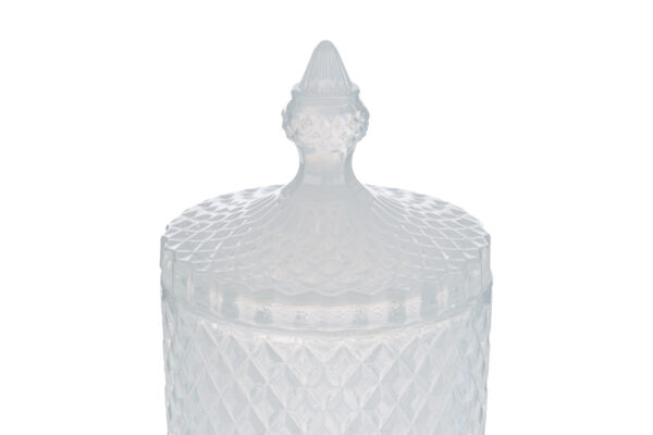 Scatola in vetro decorato bianco, modello Dorothy, diametro 8,5 cm x altezza 13,5 cm, con coperchio dettagliato.