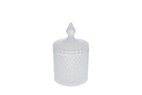 Scatola in vetro Dorothy colore bianco, diametro 8,5 cm e altezza 13,5 cm, con coperchio decorativo.