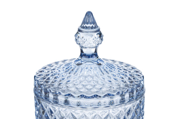 Scatola in vetro blu Dorothy con coperchio decorato, diametro 10,5 cm e altezza 17,5 cm, design elegante e raffinato.