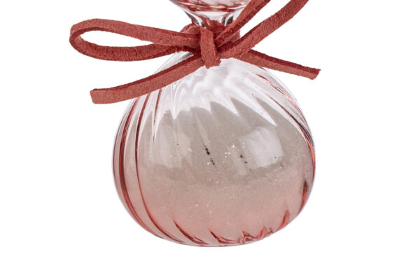 Clessidra in vetro rosa da 8 cm con dettagli raffinati e fiocco decorativo, presentata con astuccio elegante.