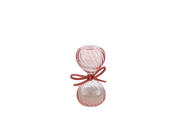 Clessidra in vetro rosa da 8 cm con dettaglio decorativo a fiocco, presentata con astuccio elegante.