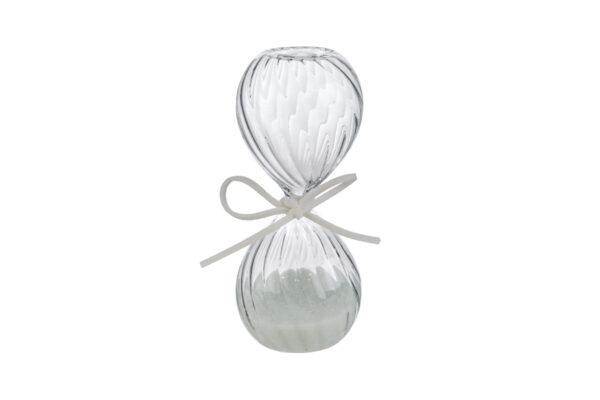 Clessidra in vetro color bianco, altezza 12 cm, con dettagli eleganti e confezione inclusa.