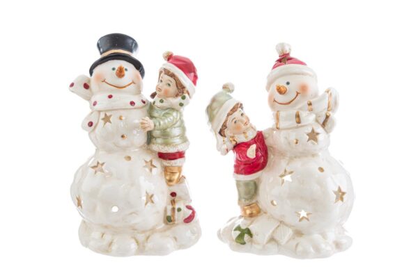 Due portacandele in porcellana a forma di pupazzi di neve con bambini, decorazioni natalizie, 9x7xh.15,5cm.