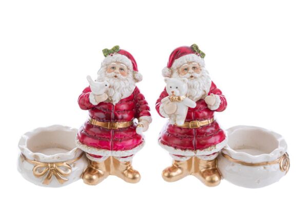 Due portacandele in porcellana a forma di Babbo Natale con sacco, decorazione natalizia.