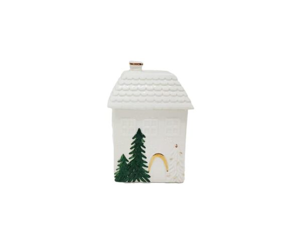 Scatola casetta natalizia in porcellana bianca con decorazioni ad albero, 12×10,5×h7,5 cm.
