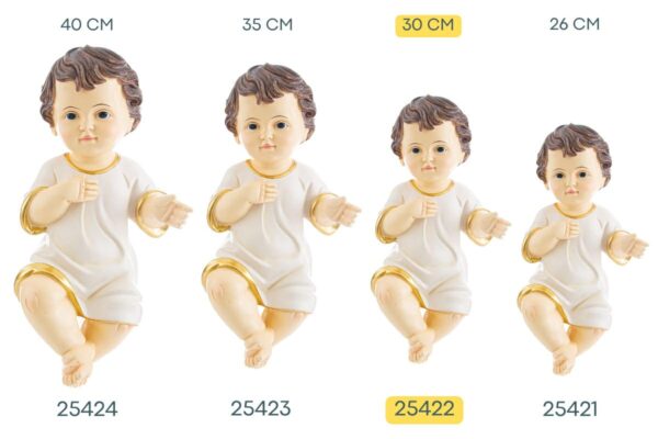 Statua Gesù Bambino con vestito bianco e dettagli dorati, versione 30 cm evidenziata tra quattro misure.