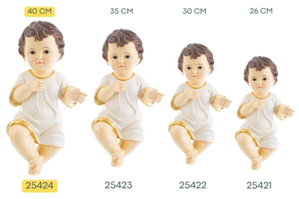 Statua di Gesù Bambino con vestito bianco e dettagli dorati, versione 40 cm.