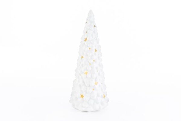 Albero di Natale in porcellana bianca con LED, decorato con stelline dorate, 14x14xh.32 cm.